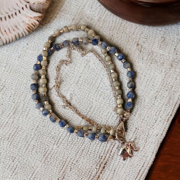Beaded Elephant Charm Bracelet Multi Strand Blues Silver Tone Dainty Good Luck. - Picture 11 of 16